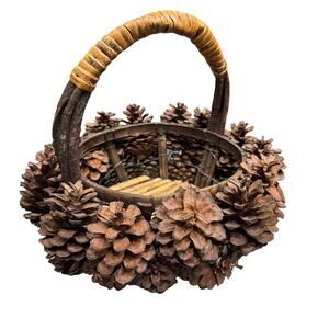 Handmade Adirondack pine cone encrusted bamboo Christmas winter basket decor